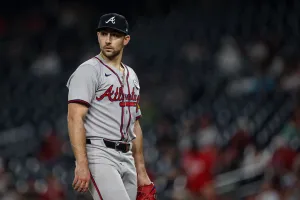 WASHINGTON, DC - SEPTEMBER 15: Spencer Strider #99 of the Atlanta Braves looks on after pitching against the Washington Nationals during the seventh inning at Nationals Park on September 15, 2025 in Washington, DC. (Photo by Scott Taetsch/Getty Images)