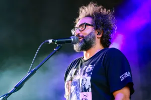 STERLING HEIGHTS, MICHIGAN - JULY 18: Justin Courtney Pierre of Motion City Soundtrack performs during the Sad Summer Tour at Michigan Lottery Amphitheatre on July 18, 2023 in Sterling Heights, Michigan. (Photo by Scott Legato/Getty Images)