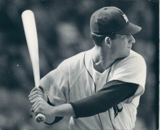 Mickey Lolich bats for the Detroit Tigers. He hit a home run in Game 2 of the 1968 World Series off right-handed pitcher Nelson Briles in an 8-1 win over the St. Louis Cardinals in St. Louis.