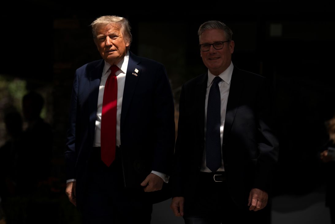 President Donald Trump, left, walks with Britain's Prime Minister Keir Starmer on the sidelines of the G7 Summit, Monday, June 16, 2025, in Kananaskis, Canada.