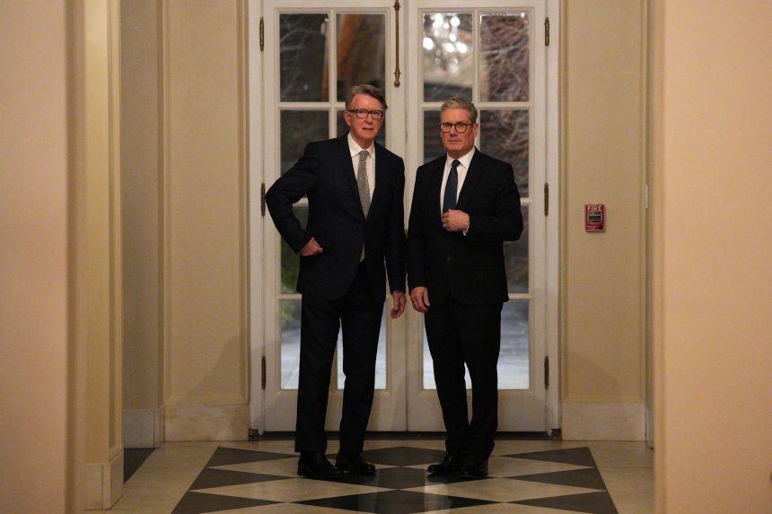 British Prime Minister Keir Starmer talks with Britain's ambassador to the United States Peter Mandelson during a welcome reception at the ambassador's residence on February 26, 2025, in Washington, DC.