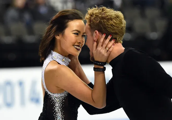 Madison Chock and Evan Bates of the USA perform in the free dance competition during the 2014 Skate America figure skating competition at Sears Centre.