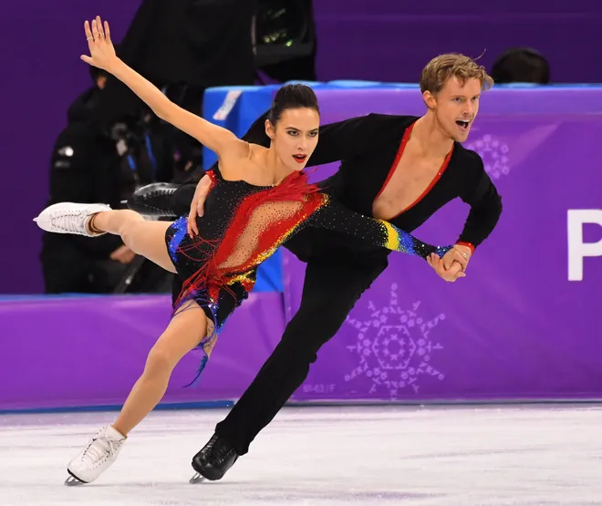 Madison Chock and Evan Bates (USA) perform in the short dance event during the Pyeongchang 2018 Olympic Winter Games at Gangneung Ice Arena.