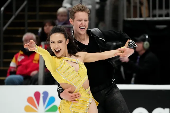 Madison Chock and Evan Bates performs in the championship ice dance rhythm dance during the 2024 US Figure Skating Championships at Nationwide Arena.