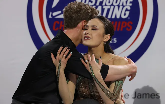 Madison Chock and Evan Bates receive their scores during the 2025 U.S. Figure Skating Championships at INTRUST Bank Arena.