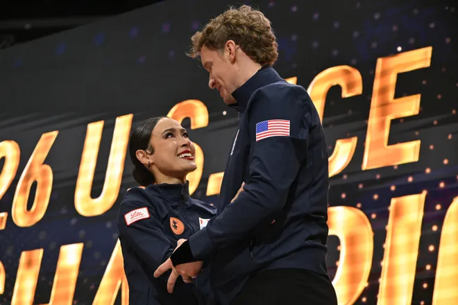 Madison Chock and Evan Bates react after winning first place in the ice dance free dance during the 2026 U.S. Figure Skating Championships at Enterprise Center.