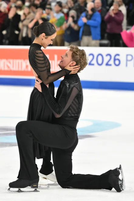 Madison Chock and Evan Bates react after performing in the ice dance free dance during the 2026 U.S. Figure Skating Championships at Enterprise Center.