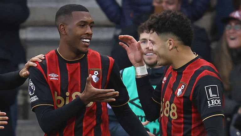 Rayan celebrates after scoring Bournemouth's equaliser against Aston Villa