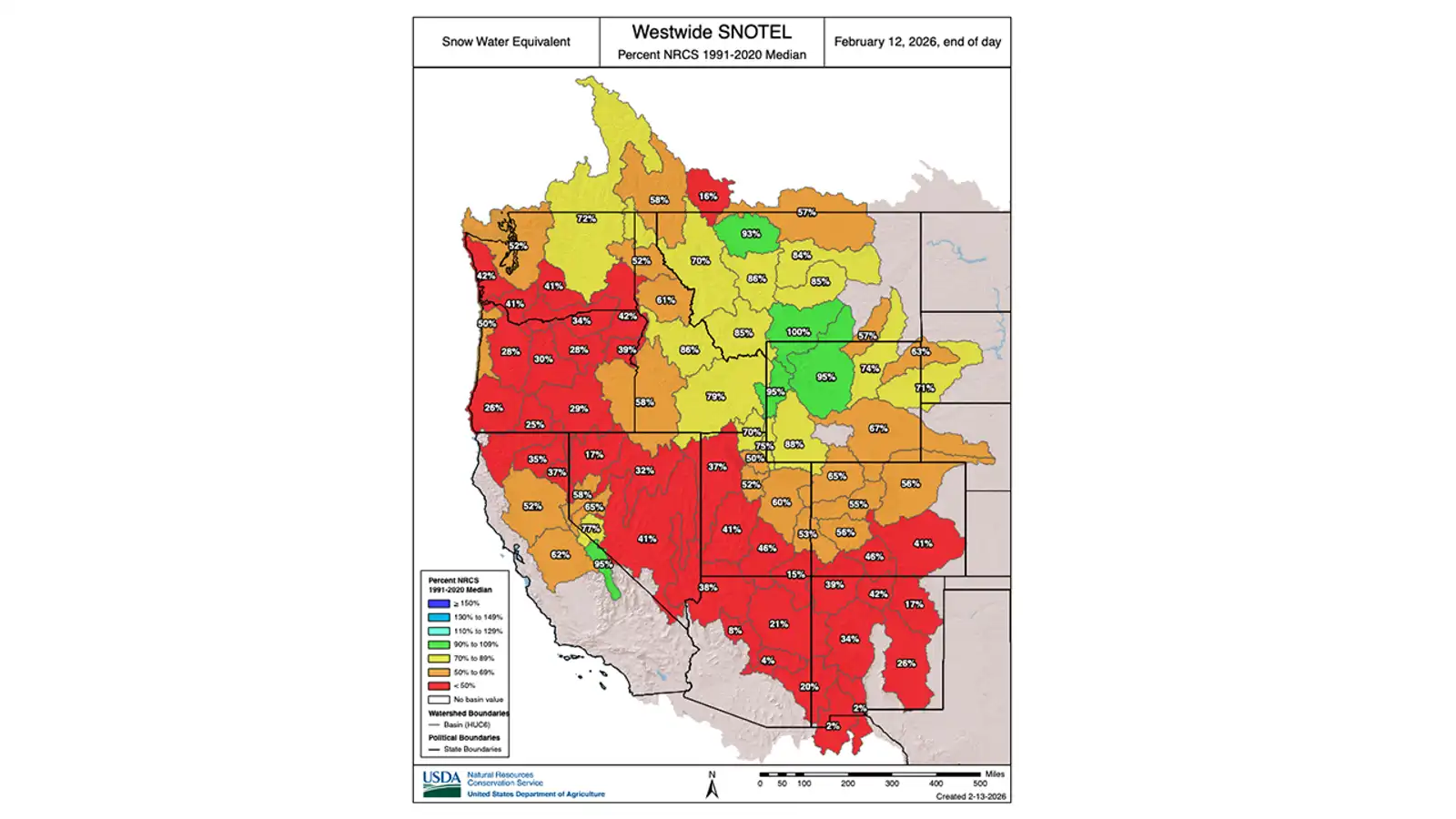 West snowpack status February 12 2026