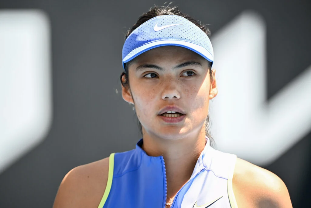 Emma Raducanu of Great Britain reacts after losing a point against Anastasia Potapova of Austria in the Women's Singles Second Round during day four of the 2026 Australian Open at Melbourne Park on January 21, 2026 in Melbourne, Australia.