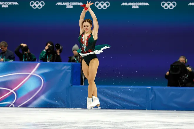 Sofia Samodelkina of Kazakhstan competes during the Women's singles figure skating short program on Feb. 17, 2026.