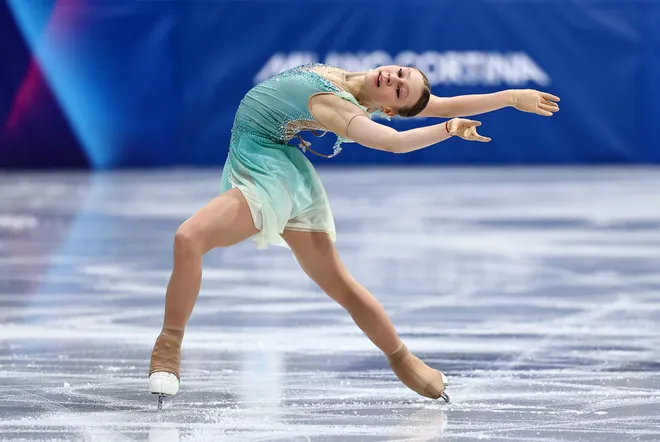 Meda Variakojyte of Lithuania performs during the Women's singles figure skating short program at the Milano Cortina 2026 Winter Olympic games on Feb. 17, 2026.