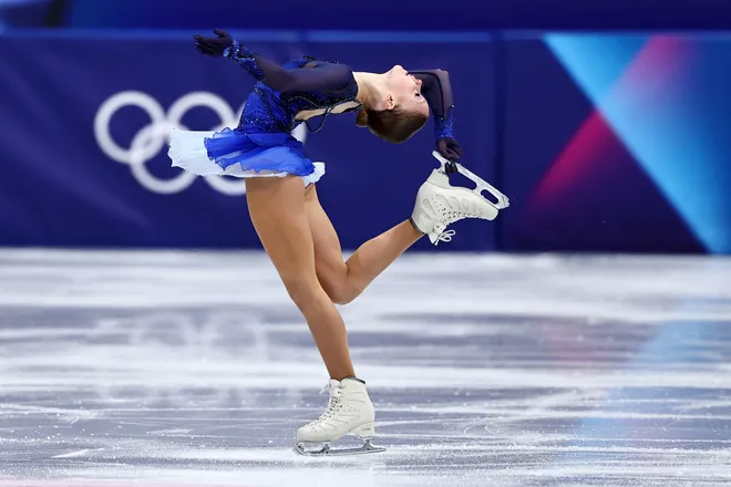 Mariia Seniuk of Israel performs during the Women's singles figure skating short program on Feb. 17, 2026.