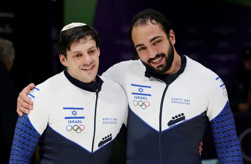 Israelis AJ Edelman and Menachem Chen react after their 2-man bobsleigh event, in which they were eliminated with a 26th-place finish.