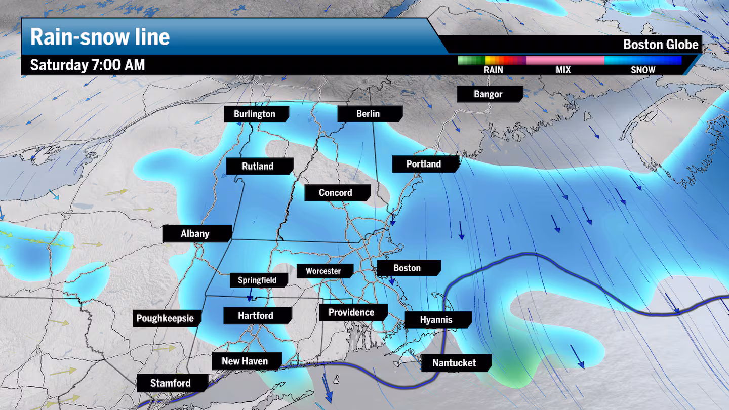 The rain-snow line as of 7 a.m. on Saturday.
