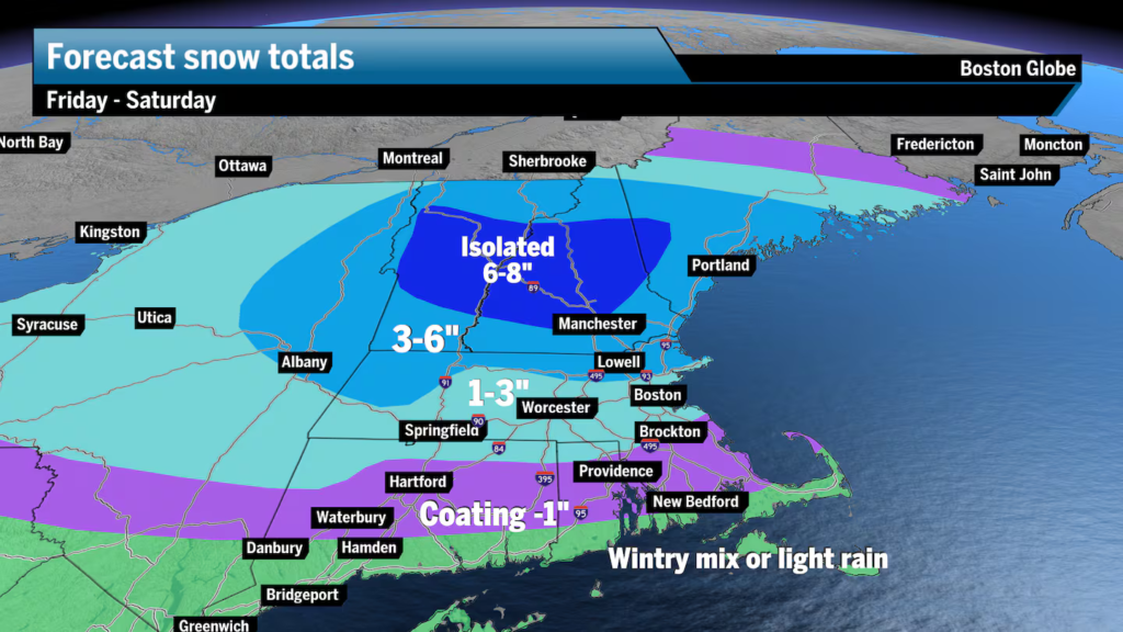 Forecast snow totals from Friday through Saturday morning.