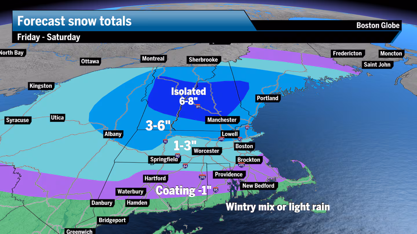 Forecast snow totals from Friday through Saturday morning.
