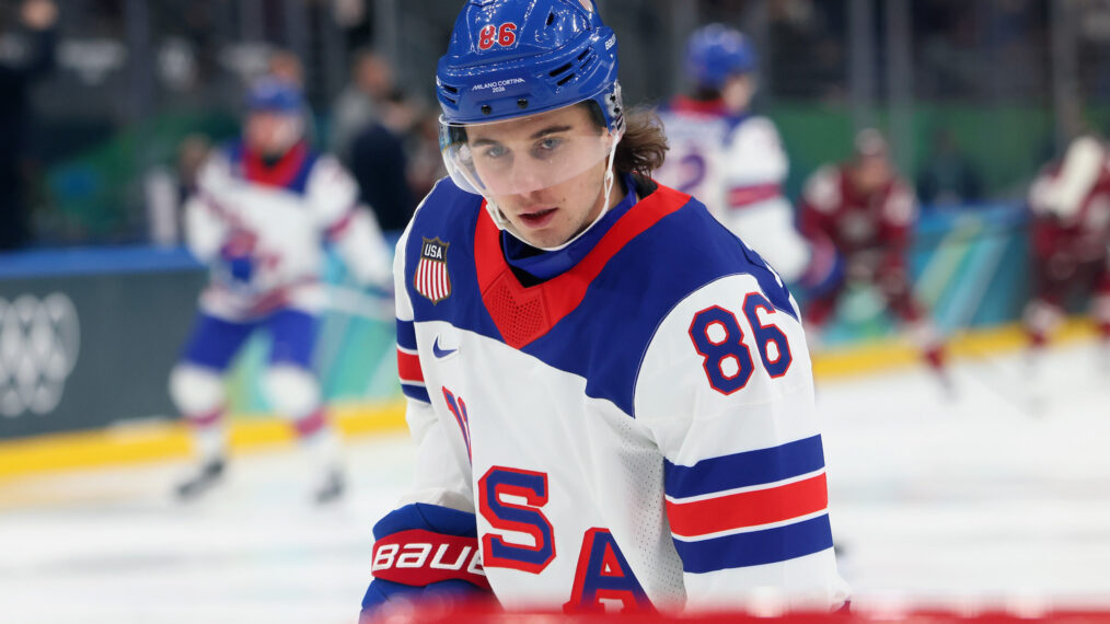 Jack Hughes #86 of Team United States looks on before the Men's Preliminary Group C match between Latvia and United States on day six of the Milano Cortina 2026 Winter Olympic games at Milano Santagiulia Ice Hockey Arena on February 12, 2026 in Milan, Italy.