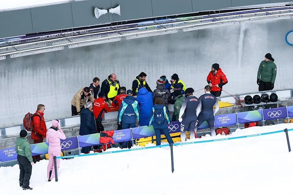 Jakob Mandlbauer received treatment on the track after Austria’s crash (Getty Images)