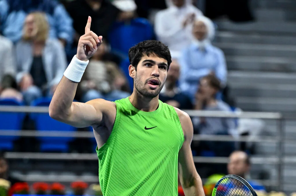 Carlos Alcaraz celebrates at the 2026 Qatar Open