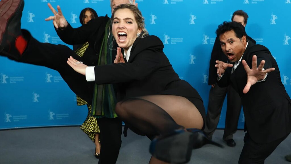 Haley Lu Richardson and Michael Peña pose at the Good Luck, Have Fun, Don't Die photocall during the 76th Berlinale International Film Festival Berlin at Grand Hyatt Hotel on February 13, 2026 in Berlin, Germany.