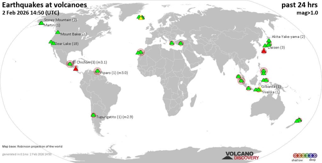 World map showing volcanoes with shallow (less than 50 km) earthquakes within 20 km radius  during the past 24 hours on  2 Feb 2026 Number in brackets indicate nr of quakes.