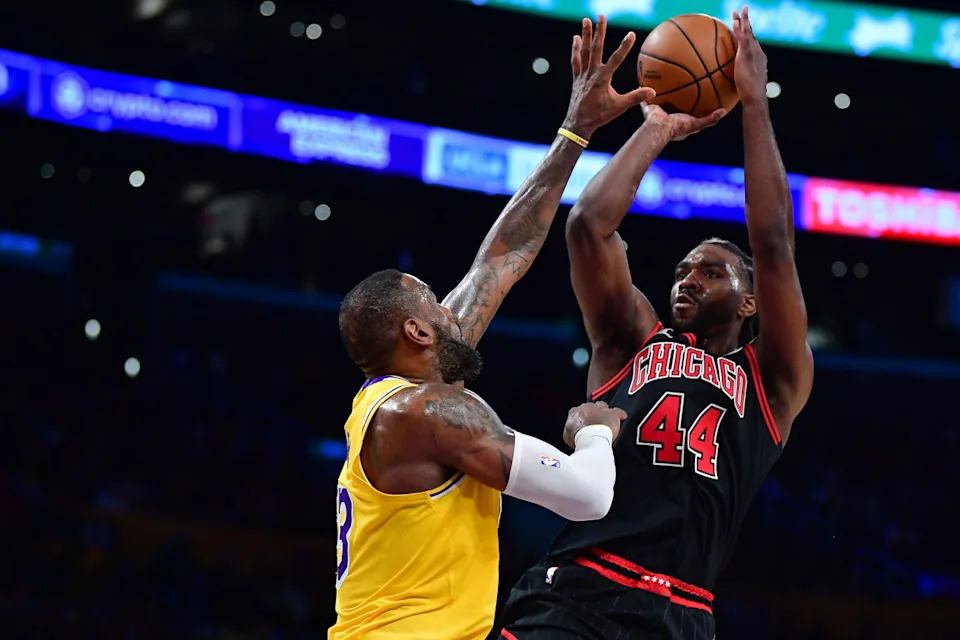 Chicago Bulls forward Patrick Williams (44) shoots against Los Angeles Lakers forward LeBron James (23)Gary A&period; Vasquez-USA TODAY Sports