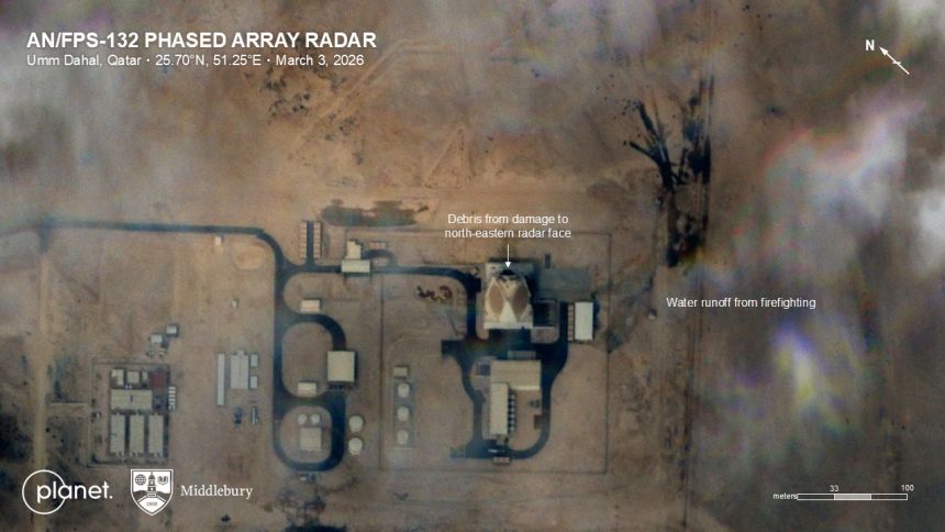 This satellite image shows damage to a US-made Qatari early-warning radar system at Umm Dahal, Qatar, on March 3, 2026.
