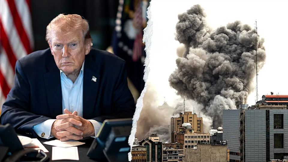 Composite image showing Trump and strike in Iran