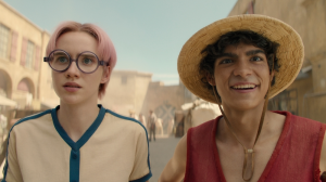 One Piece. (L to R) Morgan Davies as Koby, Iñaki Godoy as Monkey D. Luffy in season 1 of One Piece. Cr. Courtesy of Netflix © 2023