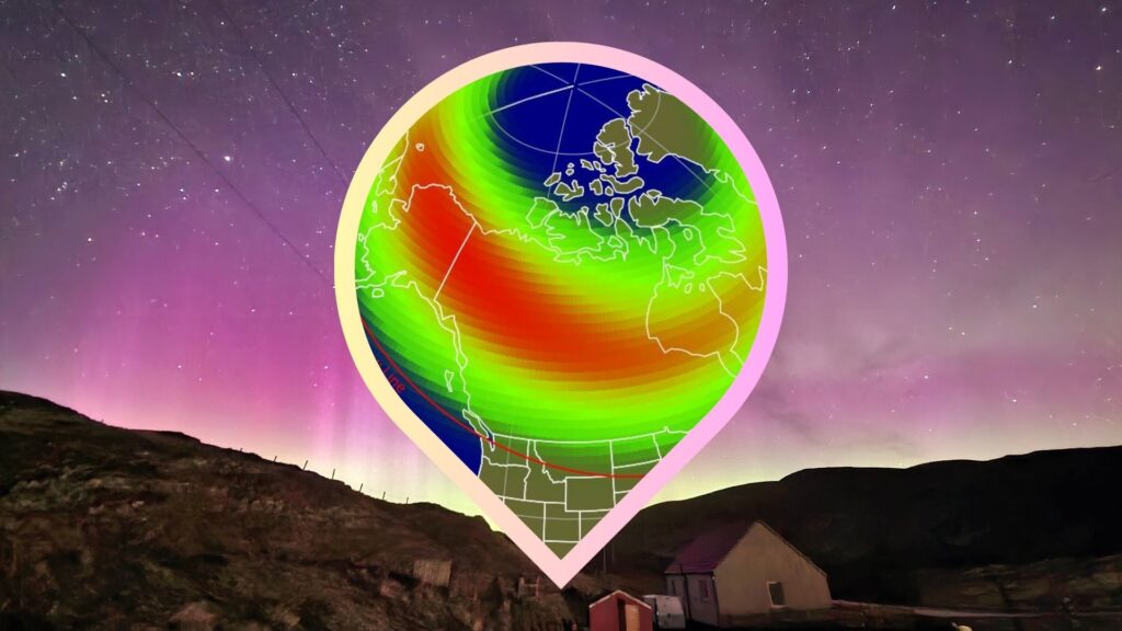 a map of the US with the aurora viewline showing which 9 states auroras could be visible from tonight.