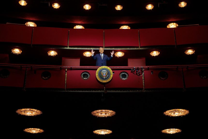 President Donald Trump looks down from the Presidential Box in the Opera House at the John F. Kennedy Center for the Performing Arts as he participates in a guided tour on March 17, 2025.