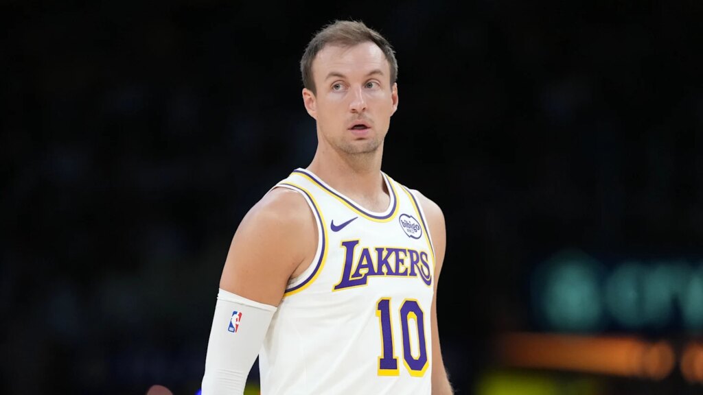 Mar 8, 2026; Los Angeles, California, USA; Los Angeles Lakers guard Luke Kennard (10) reacts against the New York Knicks in the second half at Crypto.com Arena. Mandatory Credit: Kirby Lee-Imagn Images