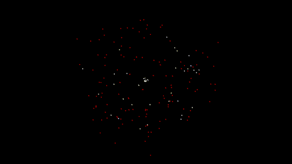 Animation of many small moons circling Saturn, with colorful orbits displayed.