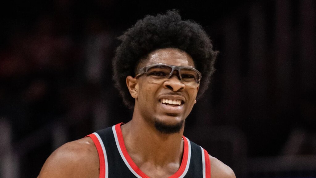 Mar 27, 2024; Atlanta, Georgia, USA; Portland Trail Blazers guard Scoot Henderson (00) reacts to call in the game against Atlanta Hawks during the first quarter at State Farm Arena. Mandatory Credit: Jordan Godfree-Imagn Images
