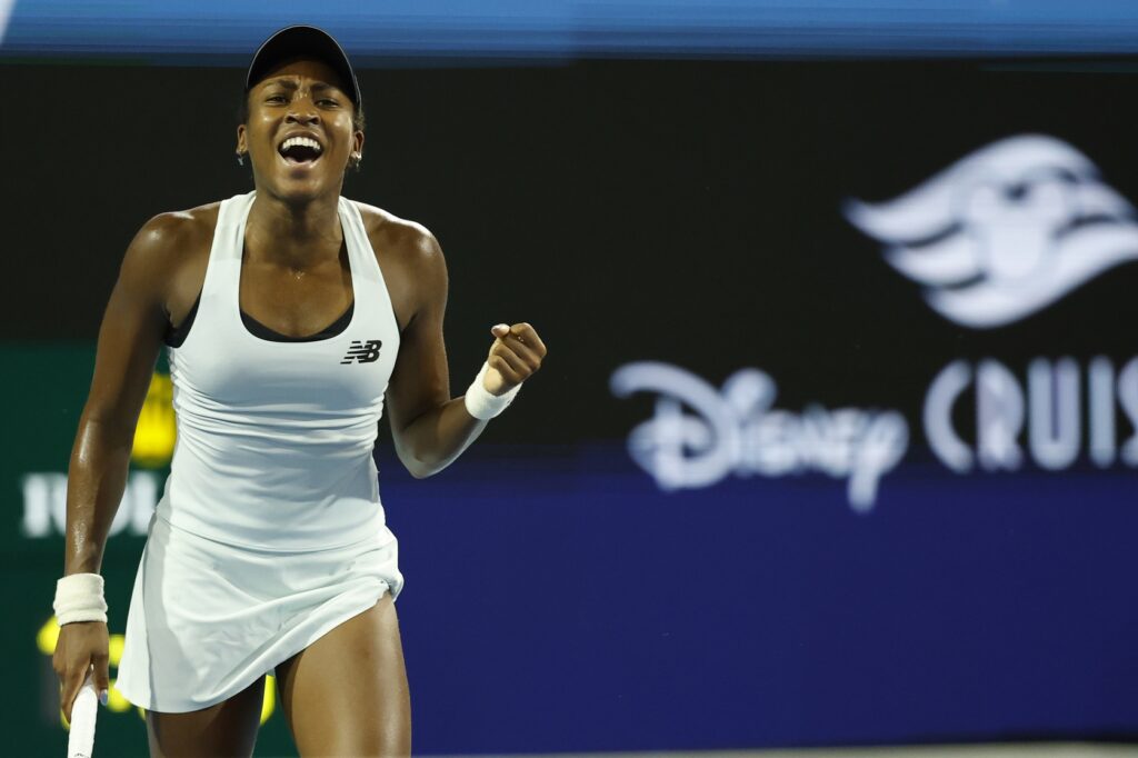 Coco Gauff celebrates a win over Alycia Parks at the 2026 Miami Open.