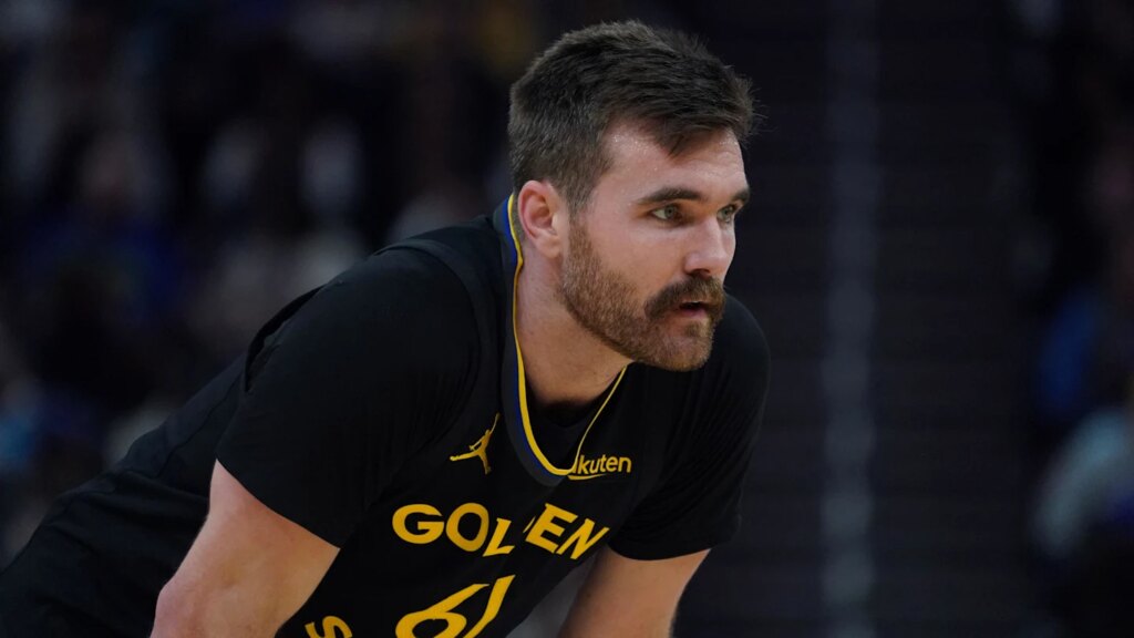 Feb 22, 2026; San Francisco, California, USA;  Golden State Warriors guard Pat Spencer (61) looks on in the third quarter against the Denver Nuggets at Chase Center. Mandatory Credit: David Gonzales-Imagn Images