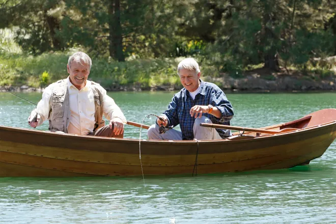 Longtime friends Mike Franks (Muse Watson) and Leroy Jethro Gibbs (Mark Harmon) enjoy peaceful fishing in