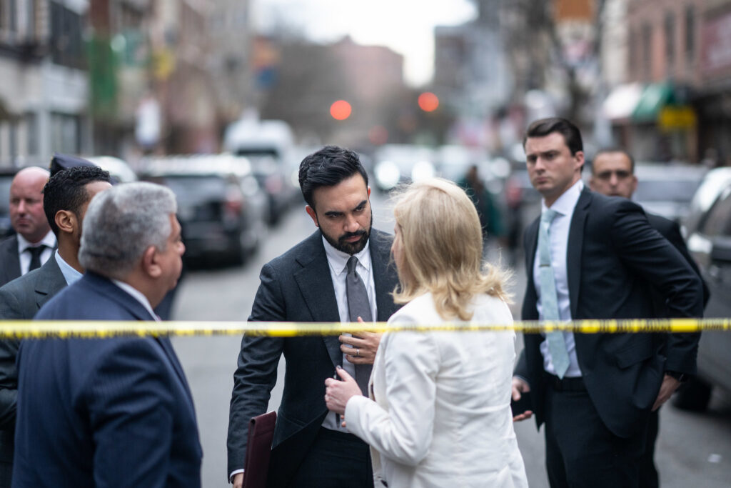 New York City Mayor Zohran Mamdani and New York Police Department Commissioner Jessica Tisch at media briefing on the fatal shooting of 7-month-old Kaori Patterson-Moore in Williamsburg on Wednesday. Photo: Michael Appleton/Mayoral Photography Office