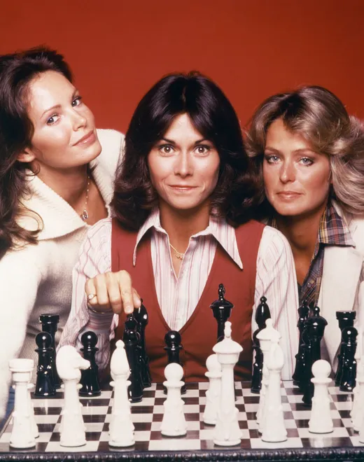 From left: Jacyn Smith, Kate Jackson and Farrah Fawcett on the set of 