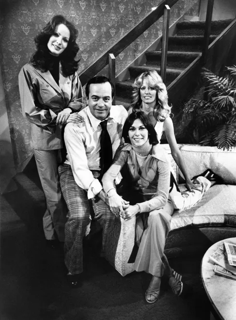 From left: Jaclyn Smith, David Doyle, Farrah Fawcett and Kate Jackson pose for a portrait on the set of 