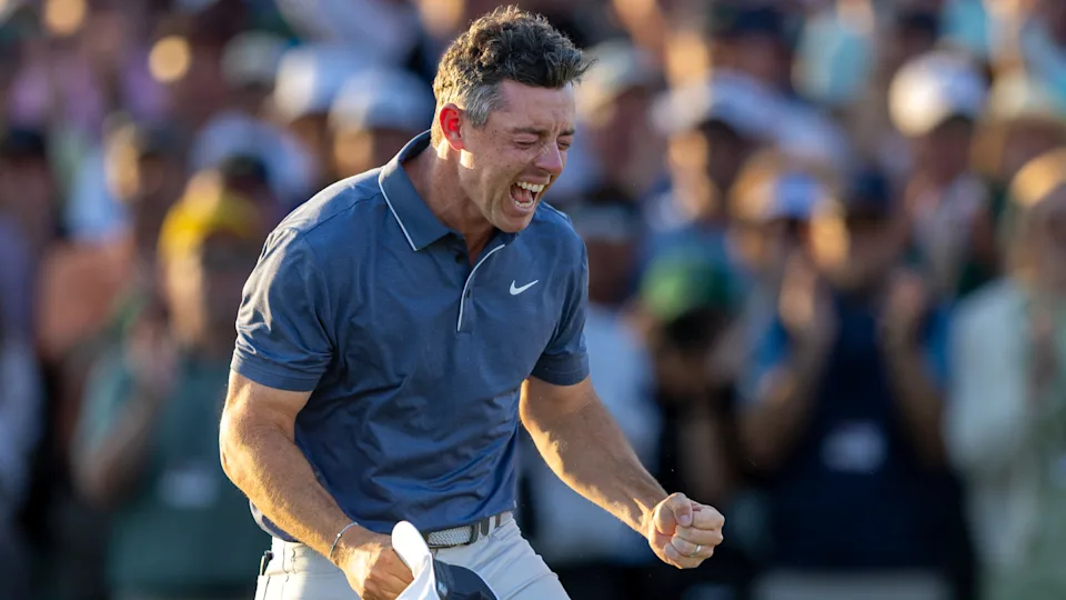 Rory McIlroy celebrates winning The Masters    