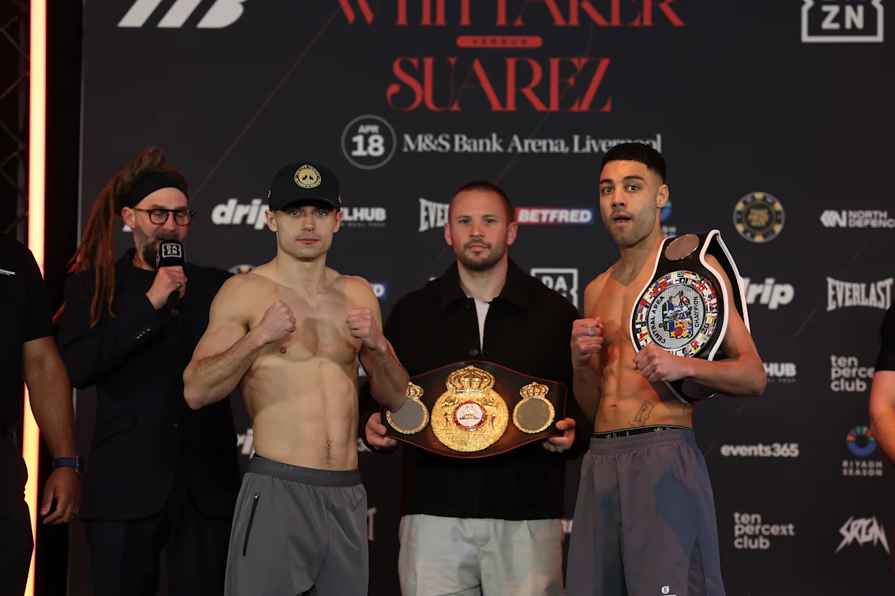 LIVERPOOL, ENGLAND - APRIL 17: Joe McGrail (black hat, grey pants) and Aaron Hayden during Weigh In ahead of their Central Area Super Bantamweight Title Tomorrow nigh in Liverpool, England.  (Photo by Mark Robinson/Getty Images)