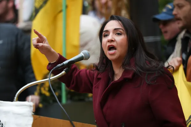 U.S. Rep. Delia Ramirez speaks during a Vets Say No rally addressing the presence of ICE in Chicago and other issues on Nov. 11, 2025. (Eileen T. Meslar/Chicago Tribune)