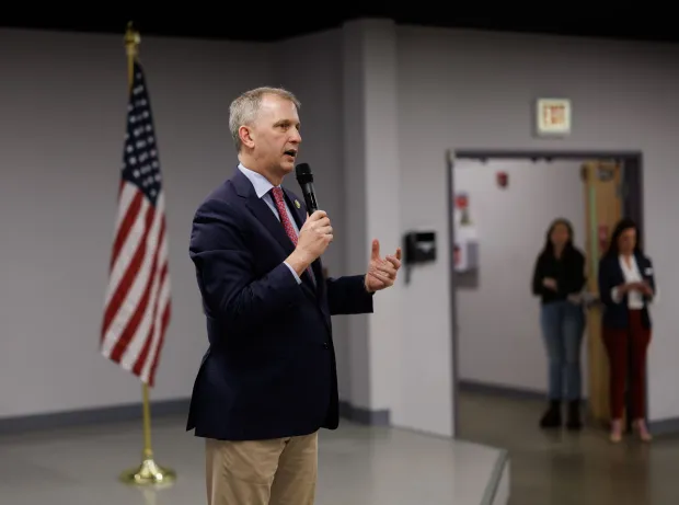U.S. Rep. Sean Casten speaks at a town hall on April 24, 2025, in Evergreen Park. (Armando L. Sanchez/Chicago Tribune)