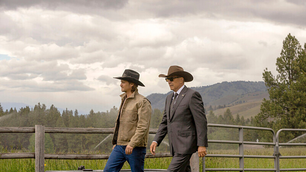 This image released by Paramount Network shows Luke Grimes, left, and Kevin Costner in a scene from 