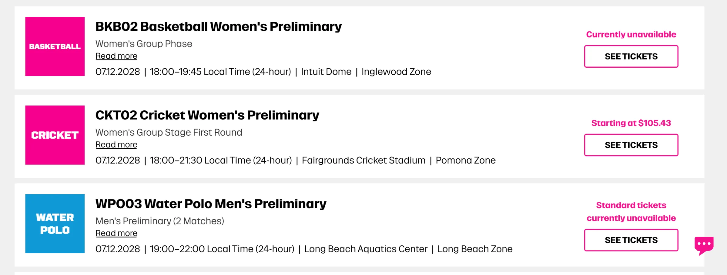 Screenshot of 2028 Olympic ticket selection page 