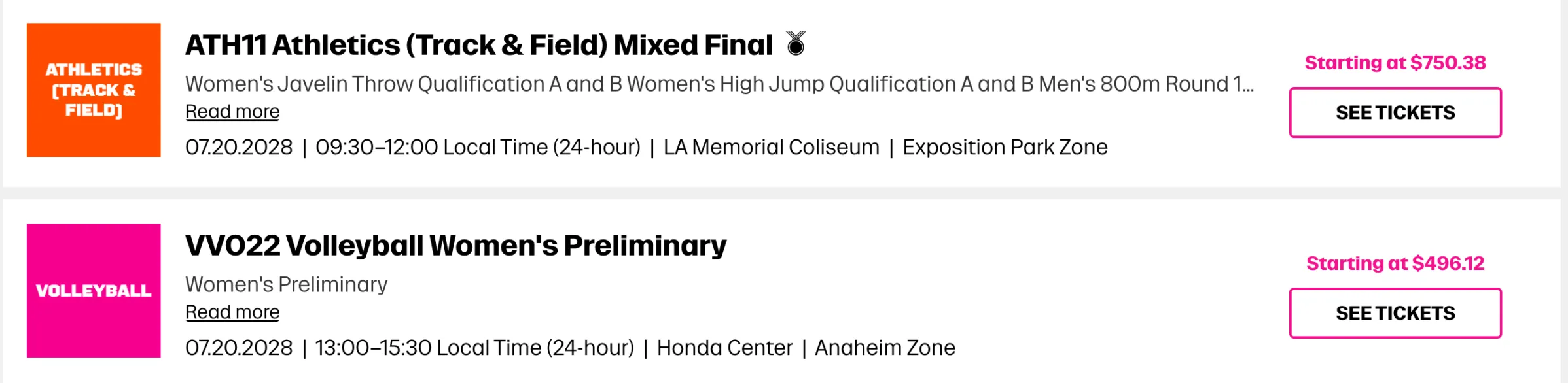 Screenshot of 2028 Olympic ticket selection page for javelin and women’s volleyball