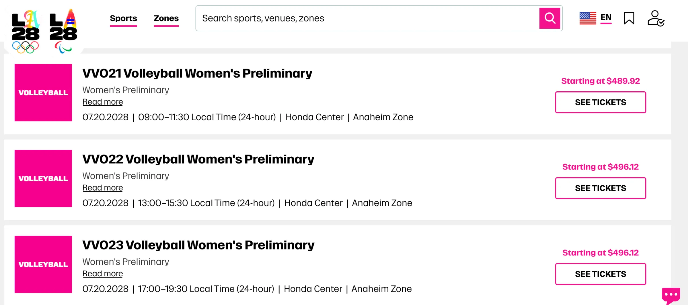 Screenshot of 2028 Olympic ticket selection page for women’s volleyball