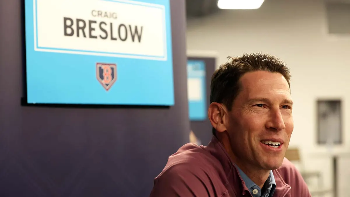 Boston Red Sox chief baseball officer Craig Breslow speaking to media at George M. Steinbrenner Field